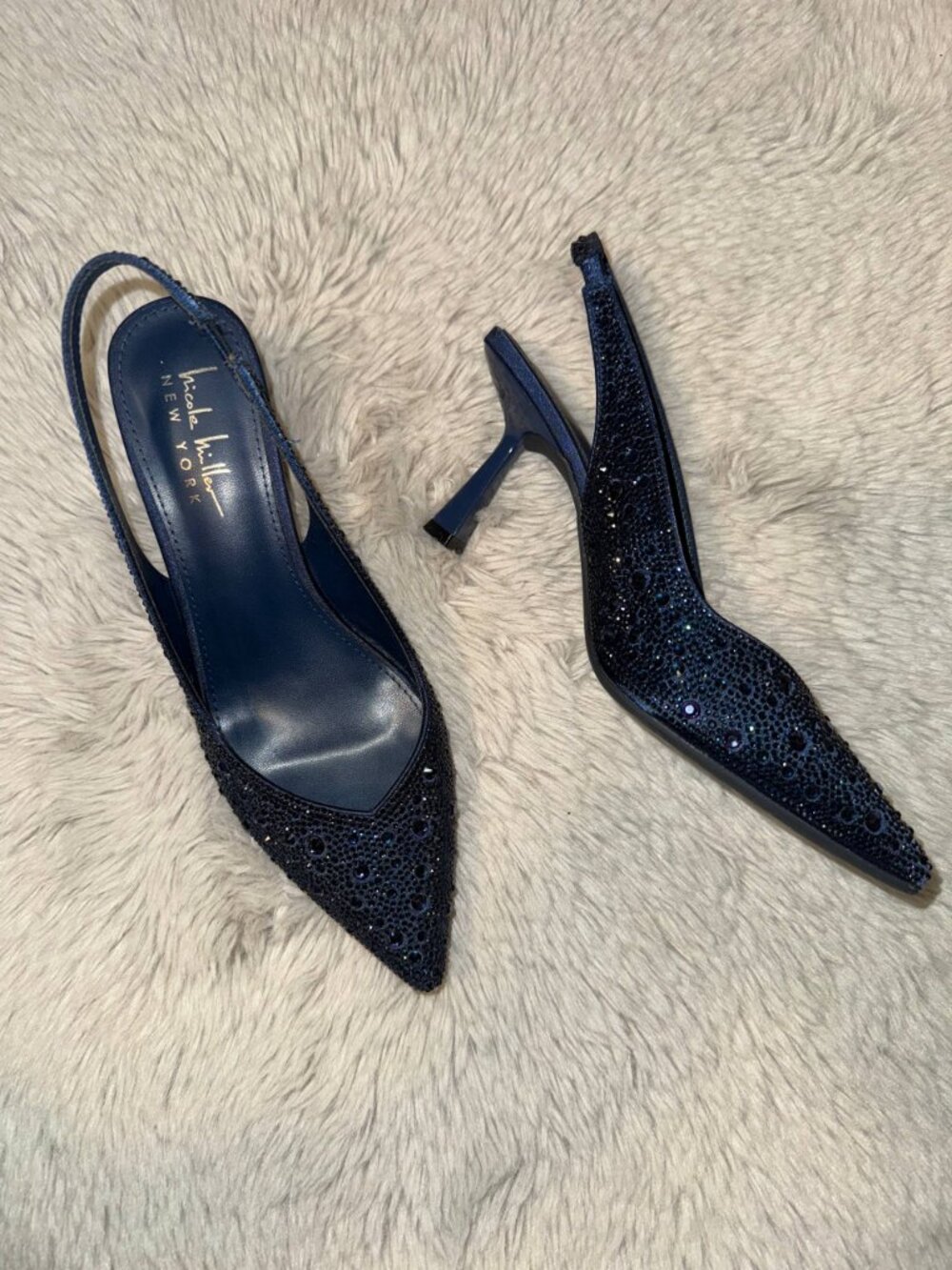 Nicole Miller NY Navy Rhinestone Slingback Heels US 7.5